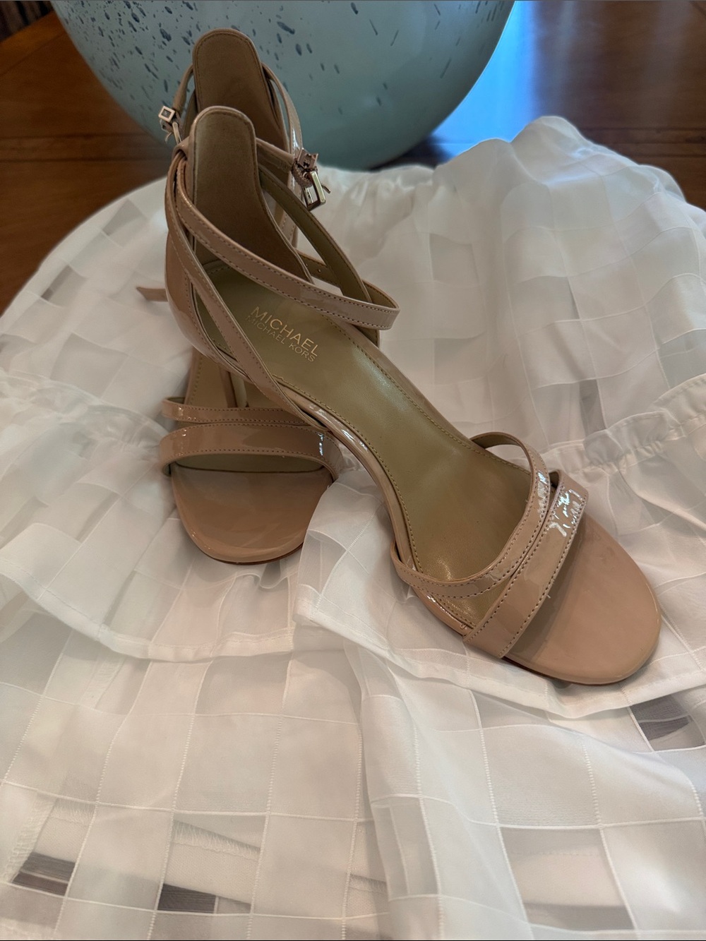 MICHAEL Michael Kors Patent Nude/Tan Strappy Heels
